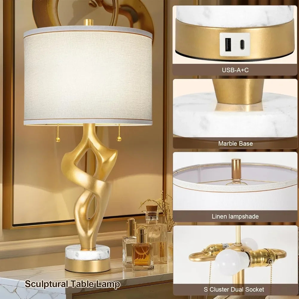XMSJ Sculptural Table Lamp Set Marble Base USB Ports Gold