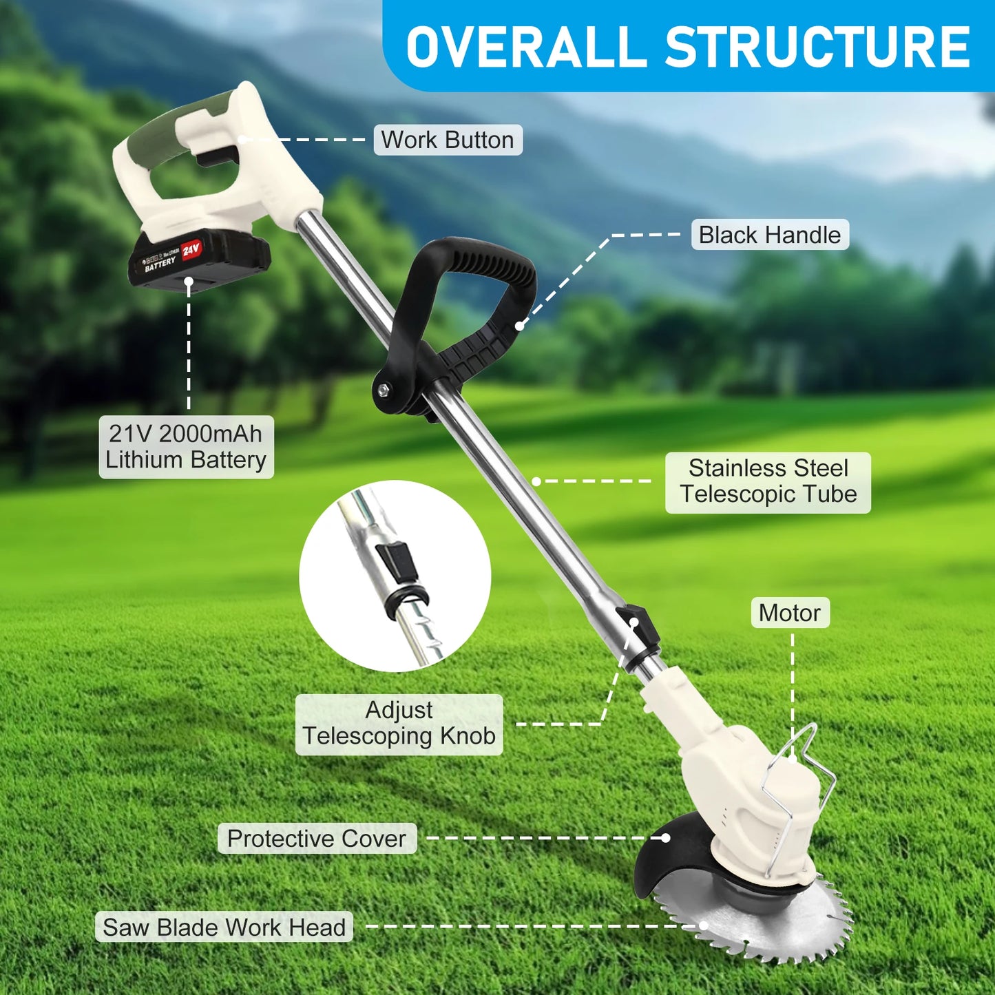 Cordless 3 In 1 Grass Trimmer Edger Mower With 2x2Ah Batteries