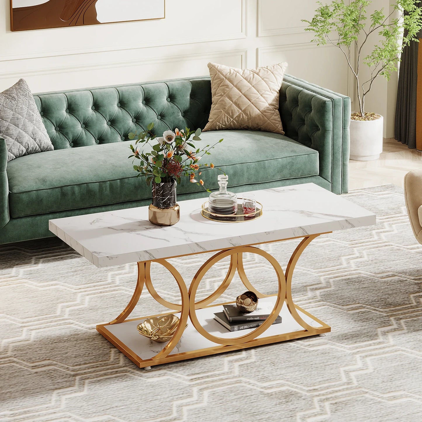 Tribesigns Modern Coffee Table Two Tier Faux Marble Wood