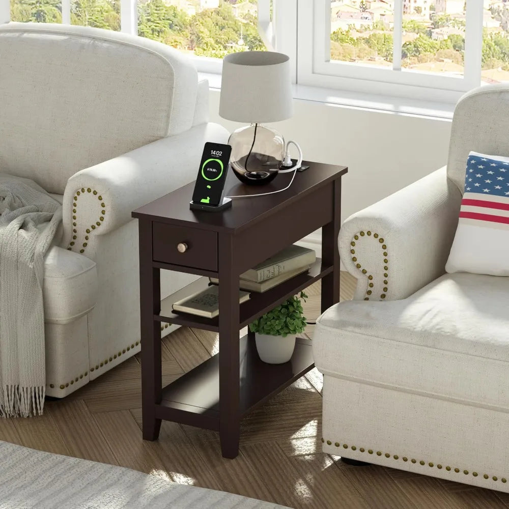 Narrow End Table Pair With USB Ports And Hidden Drawer