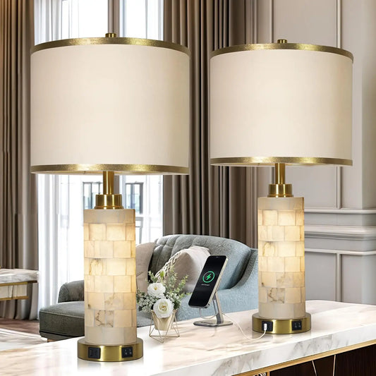 Alabaster Table Lamps Set Of 2 With USB Ports And Night Light