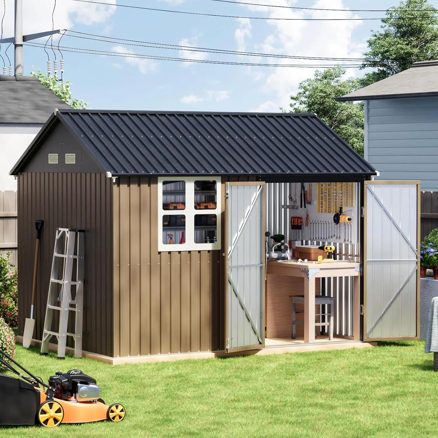 ZHUXIANG Outdoor Metal Storage Shed With Single Door Clear Window