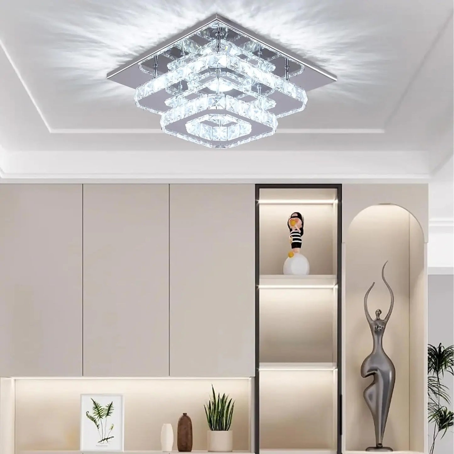 FRIXCHUR Crystal Flush Mount LED Ceiling Light With Stainless Steel Mirror Base