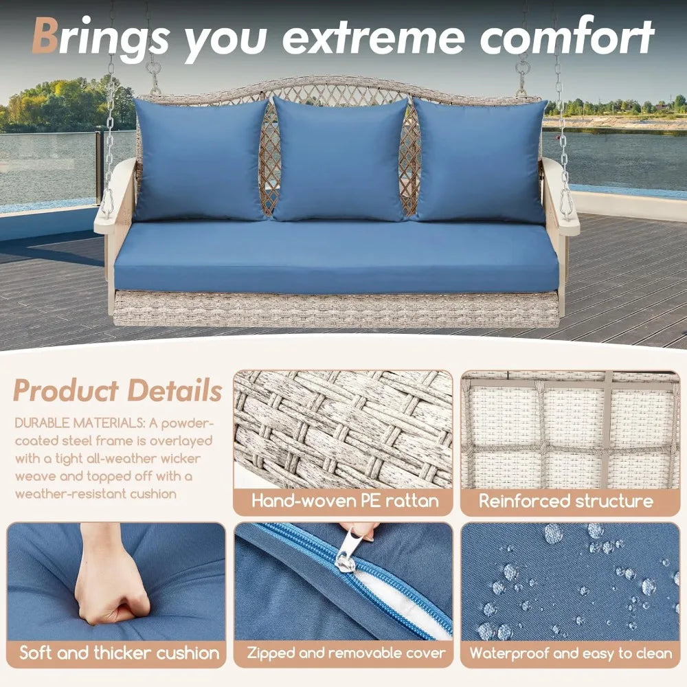 RBXC Upgraded Wicker Hanging Porch Swing 900Lbs 3Seat Outdoor Patio