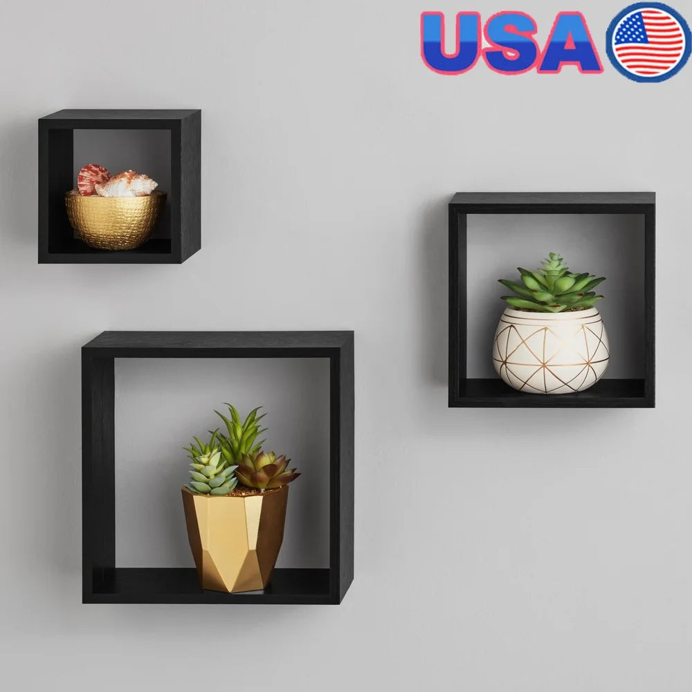 Modern Wood Cube Shelf Set 3 Piece Floating Storage Home