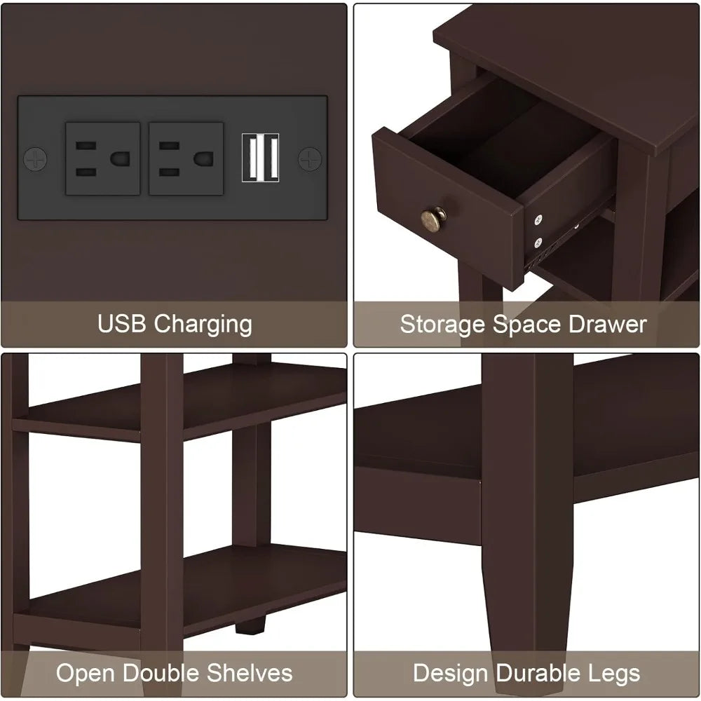 Narrow End Table Pair With USB Ports And Hidden Drawer