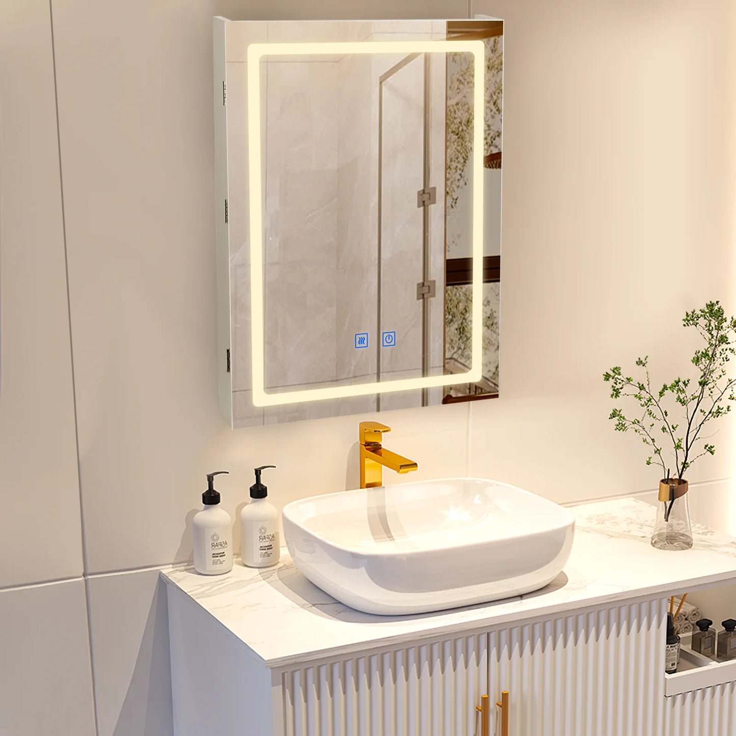 VOWNER Bathroom Medicine Cabinet With LED Lights Defogger And Dimmer