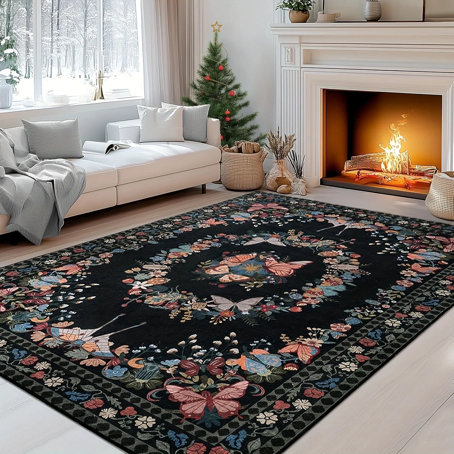 Gnizama Floral Butterfly Living Room Area Rug Washable Vintage Polyester Bedroom Rug