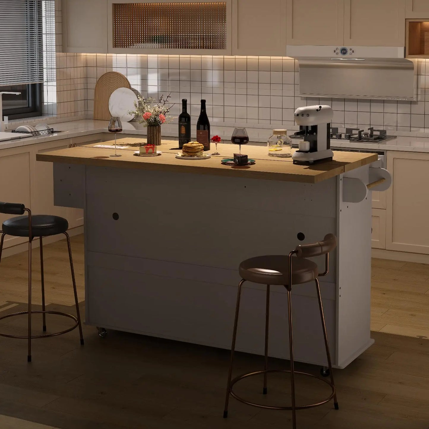 ONBRILL Mobile Kitchen Island With Rolling Trolley PowerOutlet Spice Rack