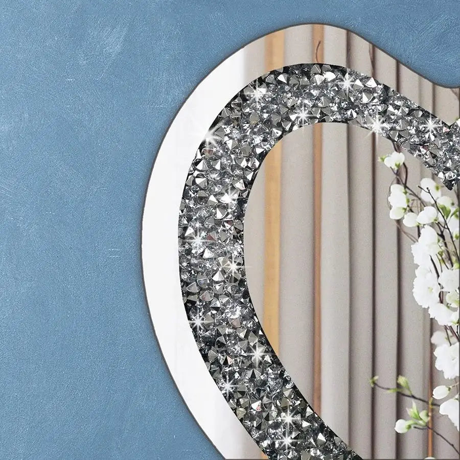 Crystal Crush Diamond Heart Shaped Silver Wall Mirror Frameless