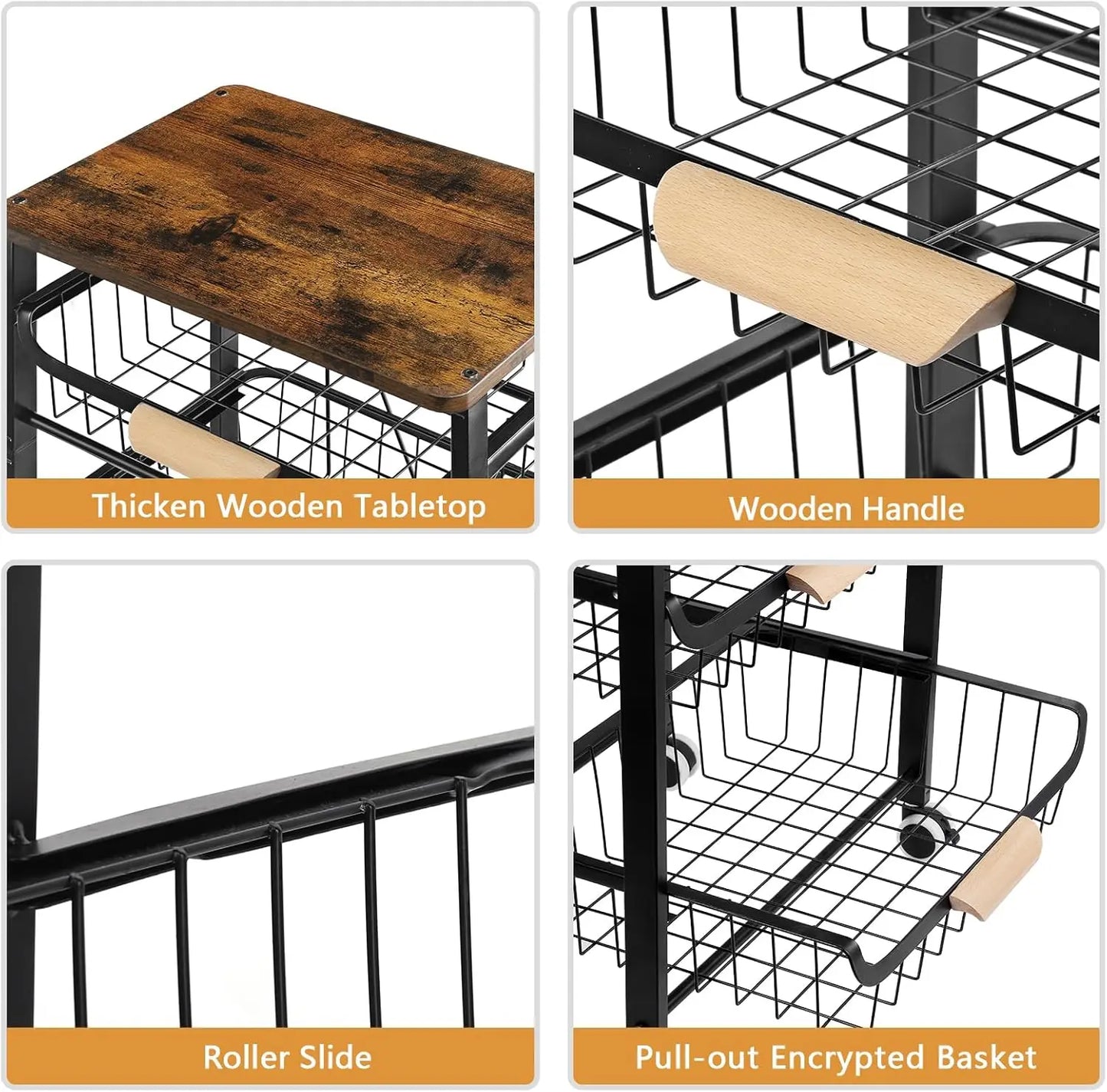 Five Tier Rolling Kitchen Cart With Wooden Top Storage