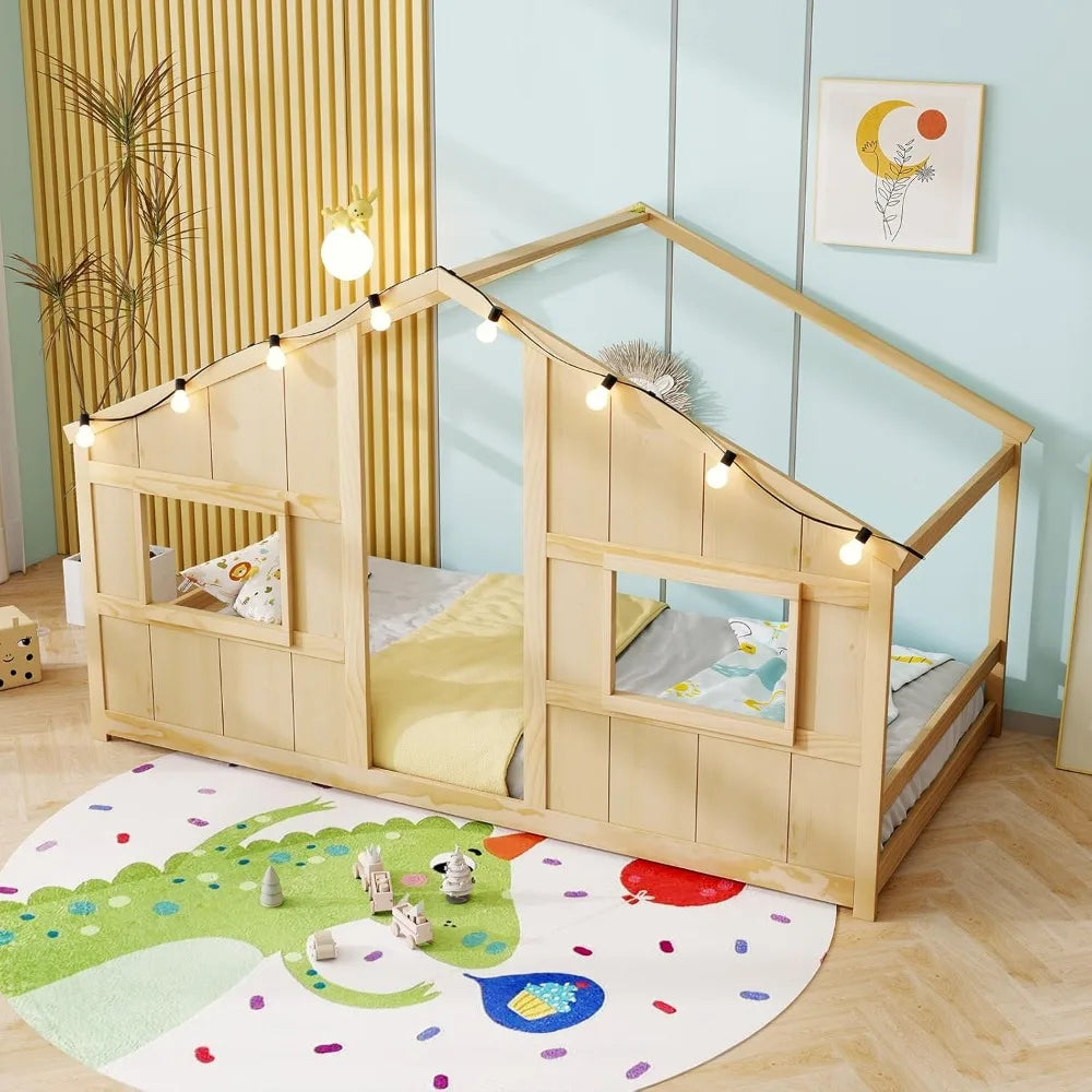 KOMFOTT Floor House Bed With LED Lights Montessori Wood Bed