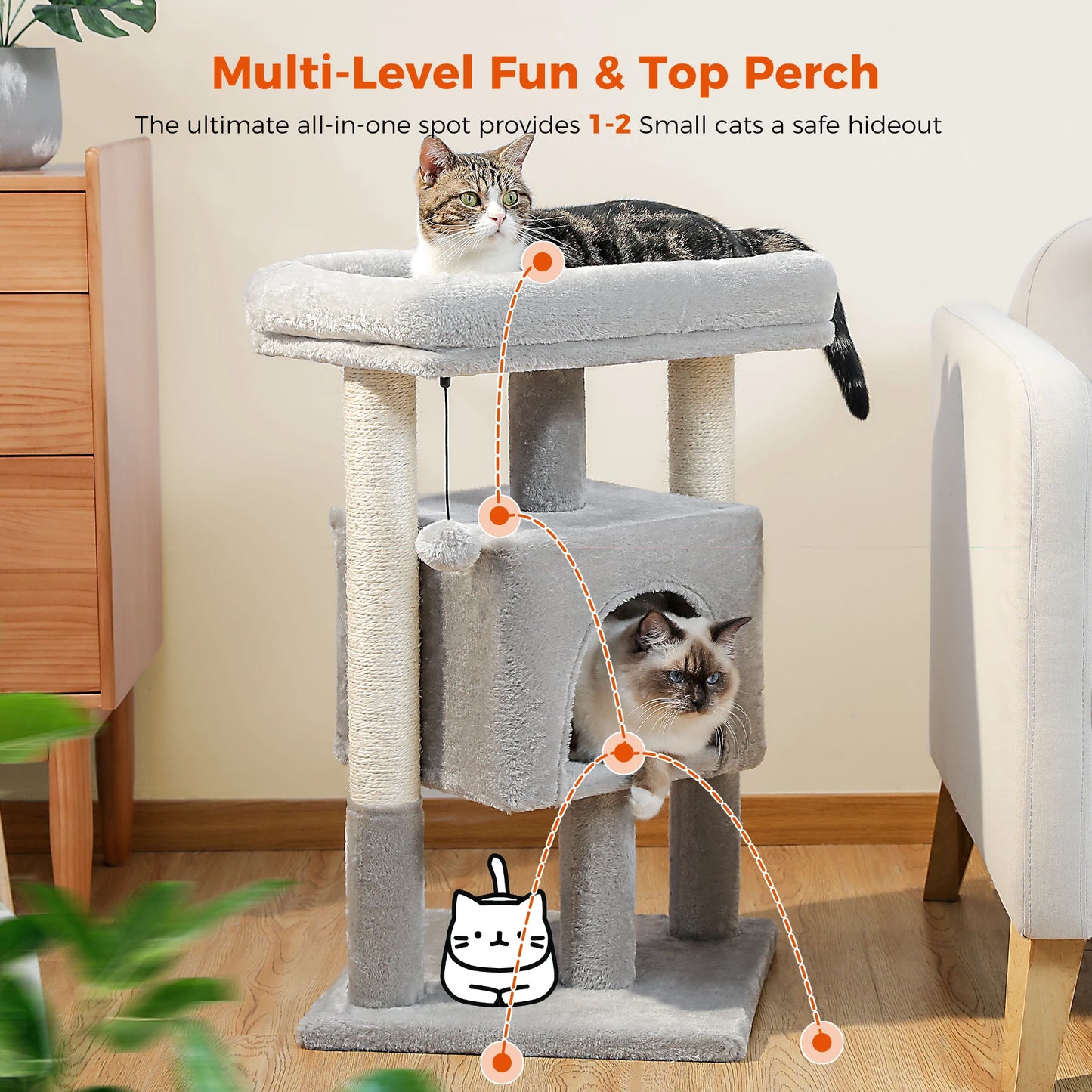 PAWZ Road Small Cat Tree With Sisal Scratching Posts And Soft Top Perch
