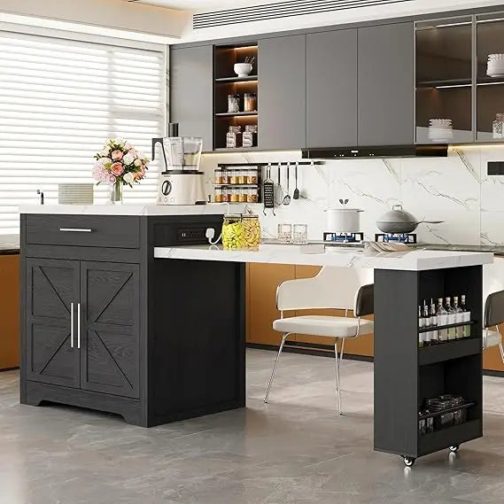 LZJV Farmhouse Rolling Kitchen Island With Extendable Table WineGlassHolder