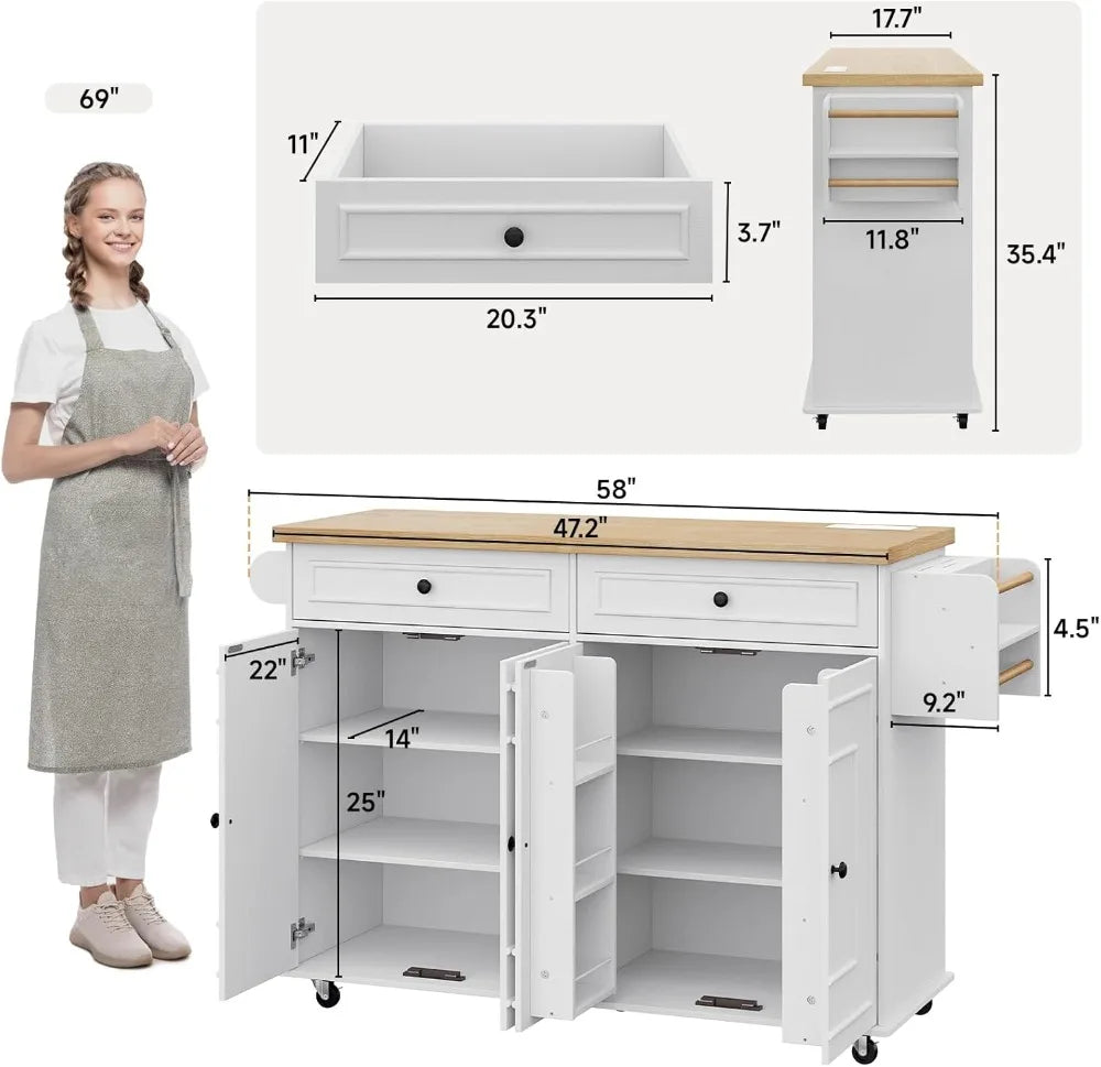 Mobile Kitchen Island Cart With Power Outlet Spice Rack Wheels