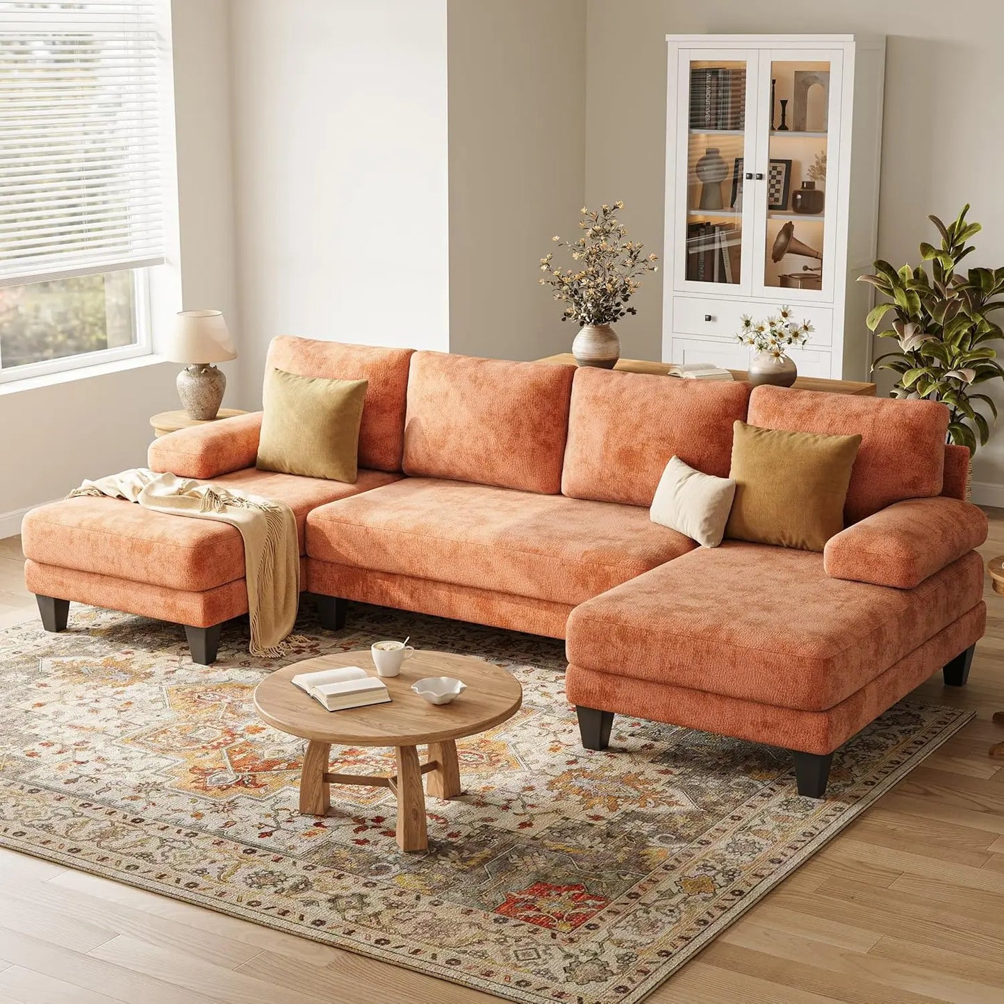 U Shaped Sectional Couch Chenille Sofa With Double Chaise