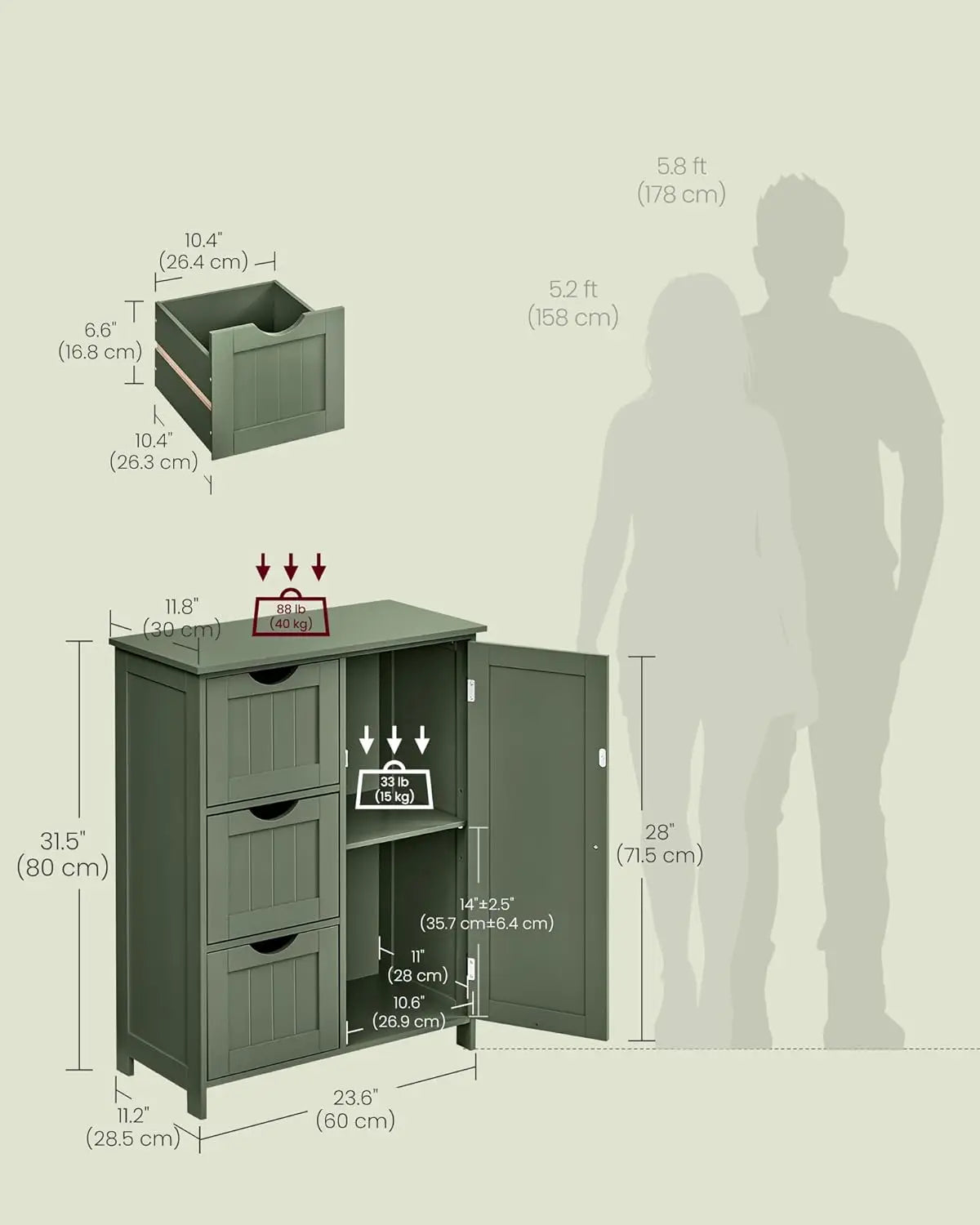 Floor Storage Cabinet Freestanding With 3 Drawers And Adjustable Shelf