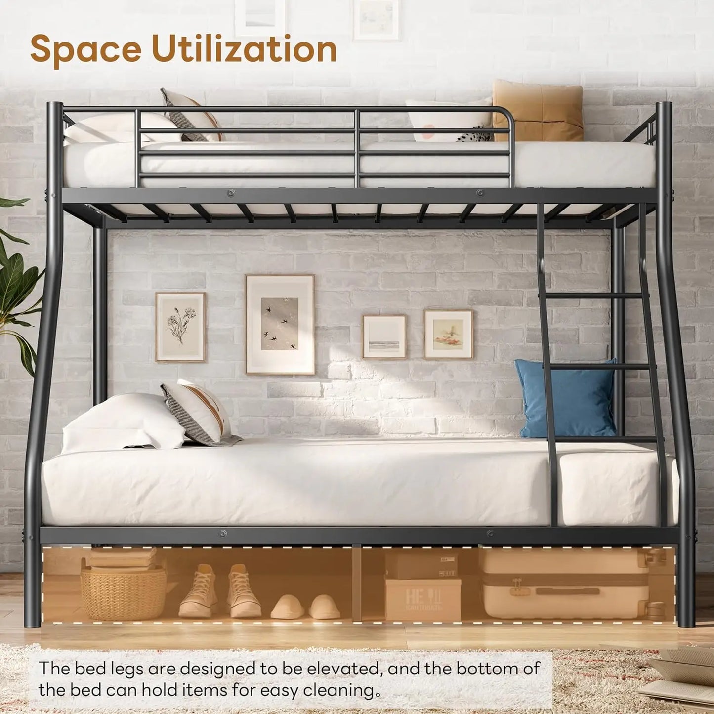 Heavy Duty Metal Bunk Bed With Angled Ladder For Teens