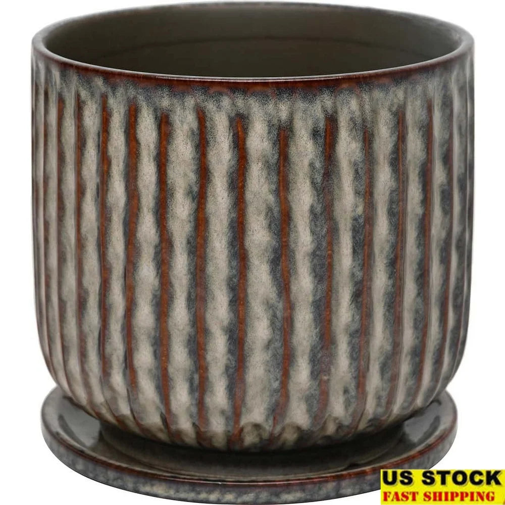 Ceramic Planter With Saucer Drainage Holes Indoor Outdoor Modern Pot