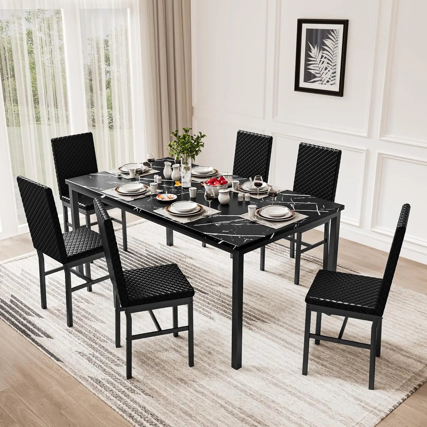 GUOHE Dining Table Set 6 Faux Marble PU Leather Chairs