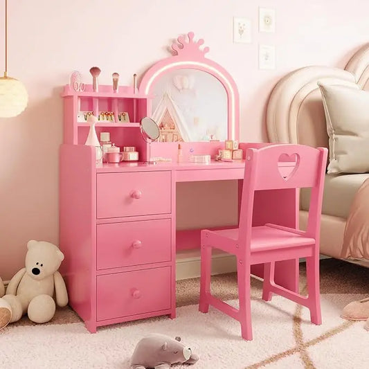 HiMISS Kids Vanity With Lights 2-In-1 Makeup Desk And Chair