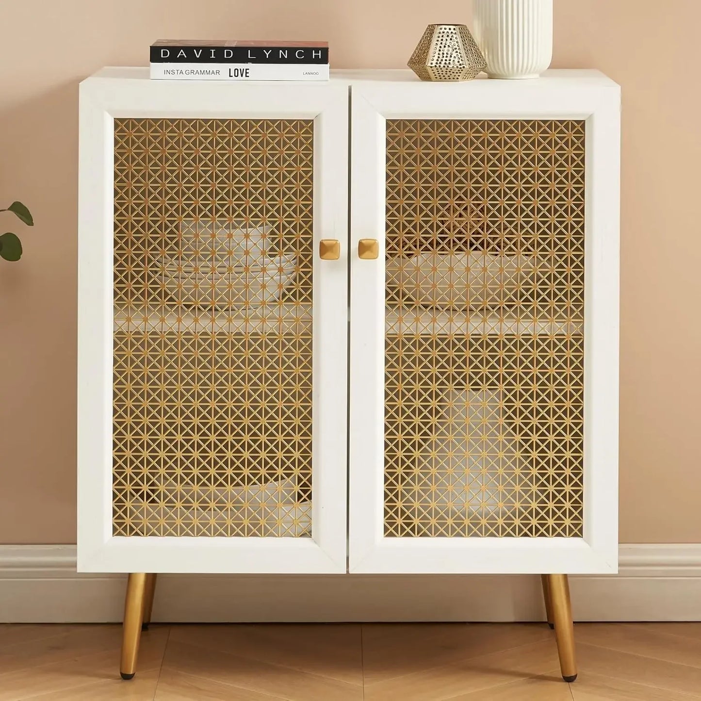Multifunctional Storage Sideboard With Metal Mesh Doors For Living Dining