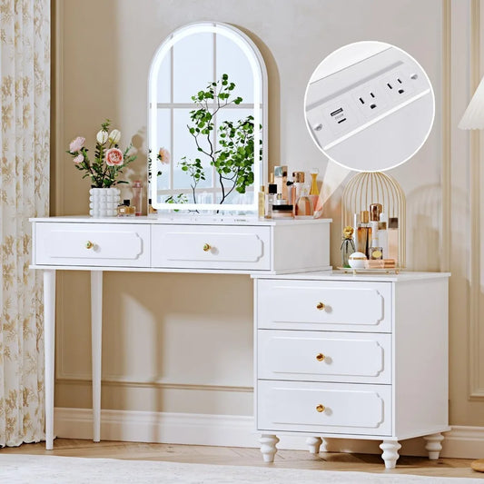 ANGDUO Vanity Desk With Mirror And Lights Modern Makeup