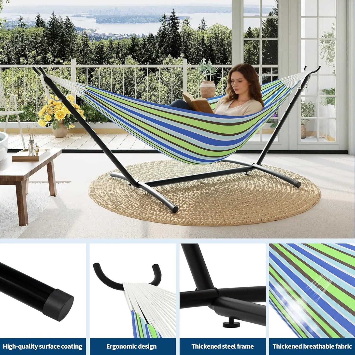 Portable Double Hammock With Stand Heavy Duty Frame 450 Pounds