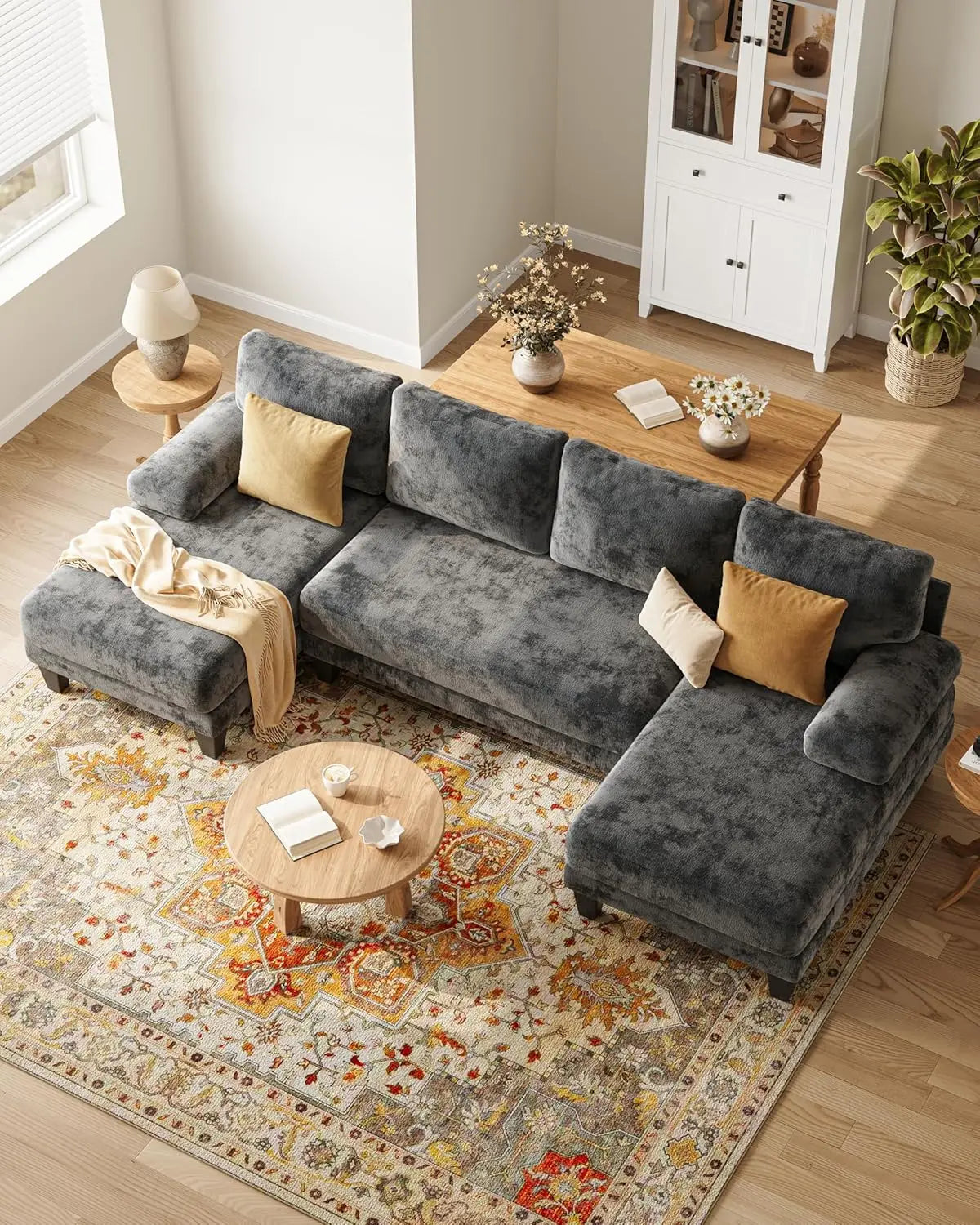 U Shaped Sectional Couch Chenille Sofa With Double Chaise