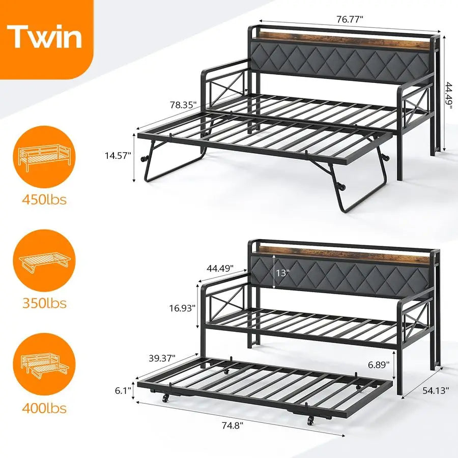Twin Daybed With Popup Trundle And LED Charging Station Upholstered