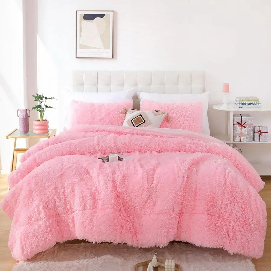 Fluffy Faux Fur Comforter Set Luxury Fuzzy Bedding