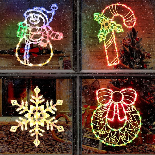 4 Pack Christmas Window Silhouette Lights Decorations Lighted Wreath Candy Cane Snowflakes Snow Man