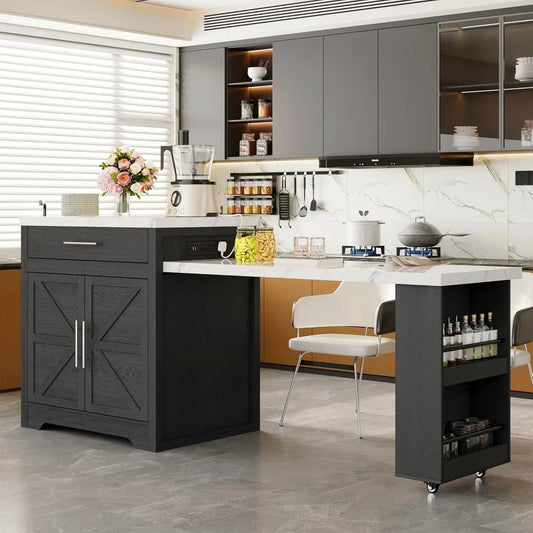 LZJV Farmhouse Rolling Kitchen Island With Extendable Table WineGlassHolder