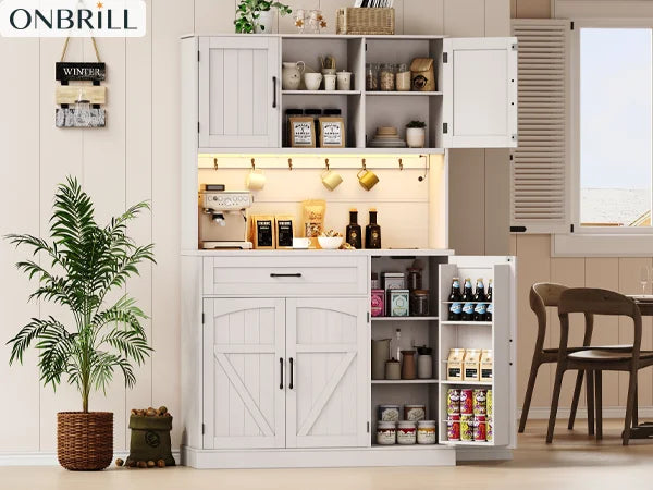 ONBRILL Pantry Cabinet With LED Light And Outlet Kitchen Storage