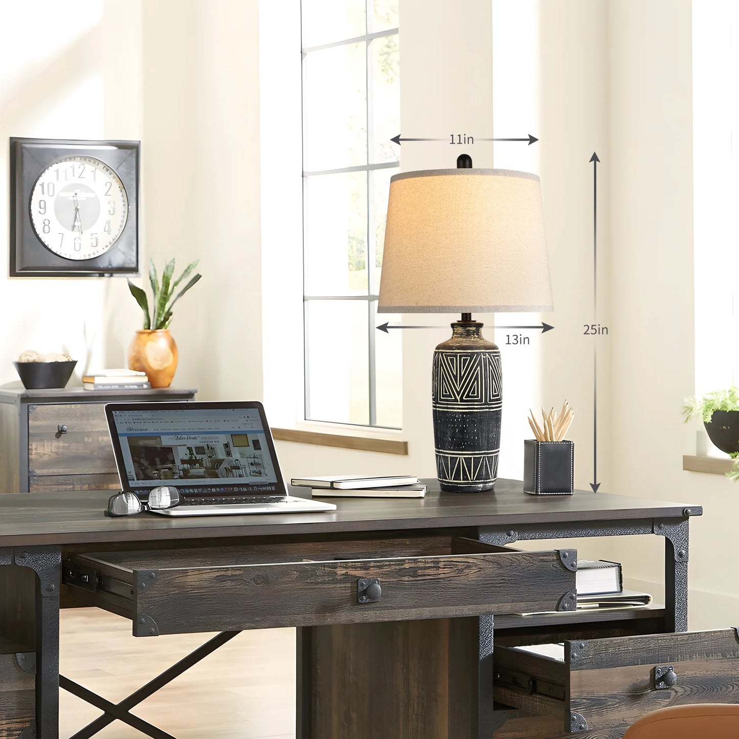 STANBOW 2 Pack Carved Geometric Ceramic Table Lamps Linen Shade