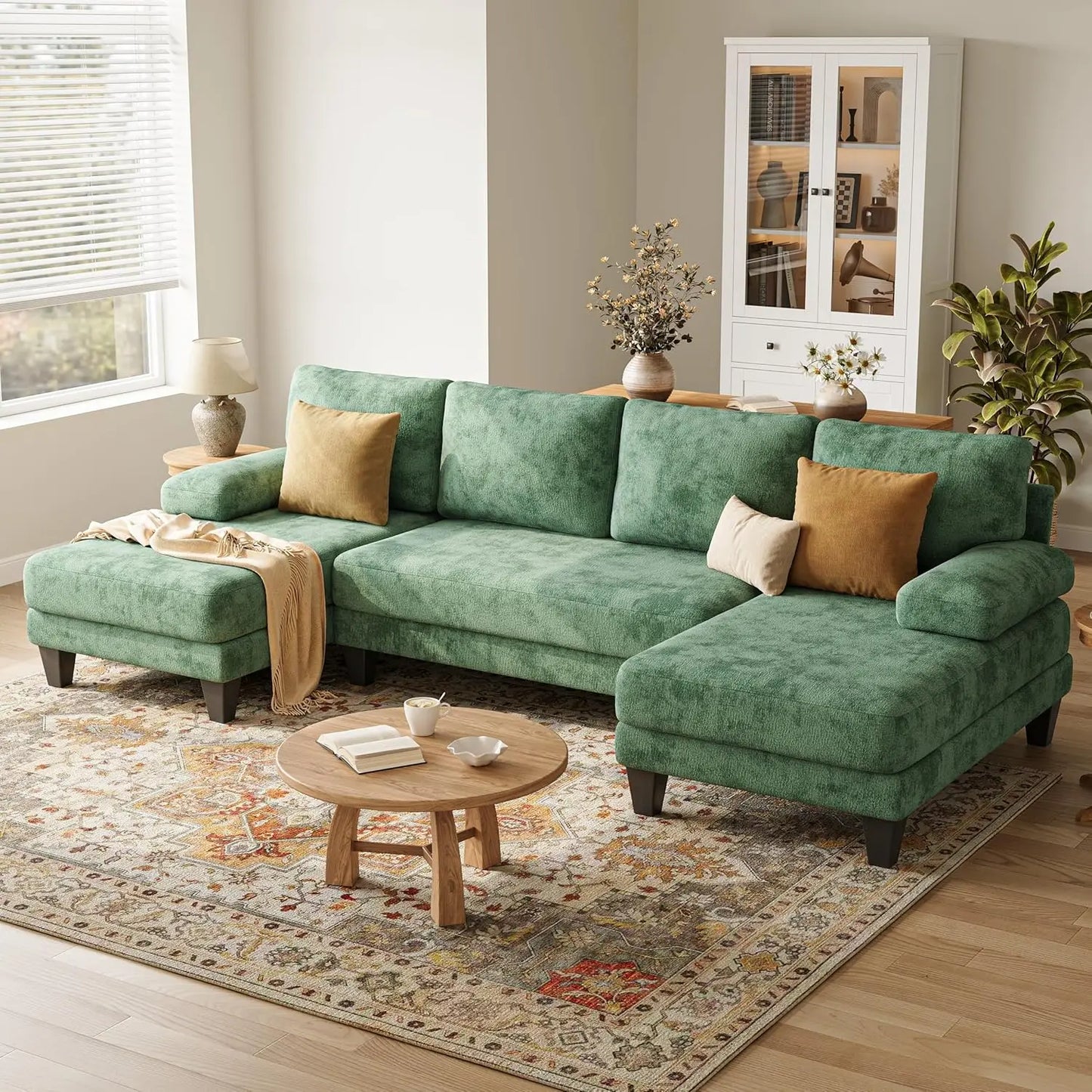 U Shaped Sectional Couch Chenille Sofa With Double Chaise