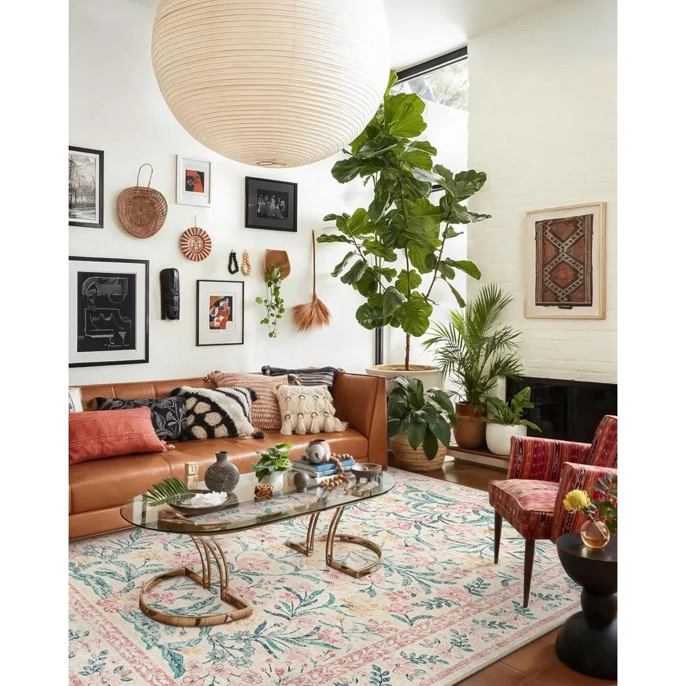 XMSJ Floral Area Rug Soft Boho Washable Non Slip Low Pile Indoor Carpet For Living Room And Bedroom