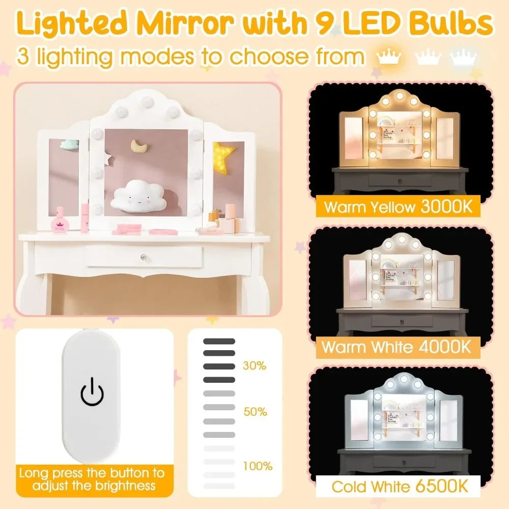 Guangbai Kids Vanity Set With Mirror And Lights Princess Desk