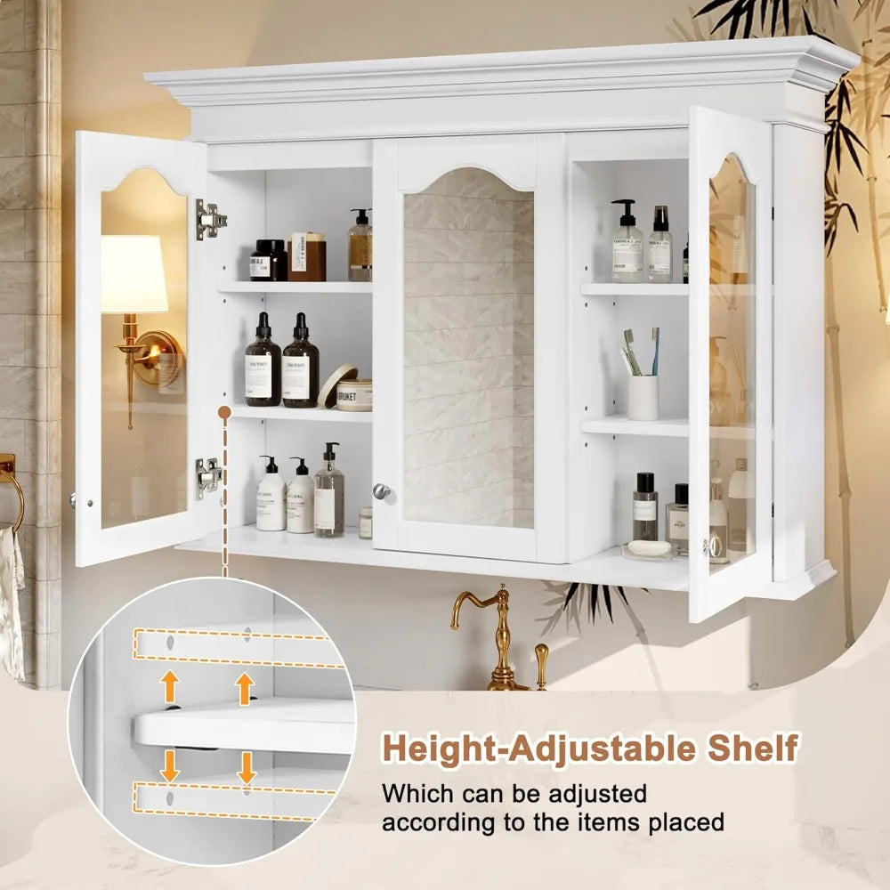 Medicine Cabinet Mirror Wall Mounted Bathroom Glass Doors Adjustable Shelves