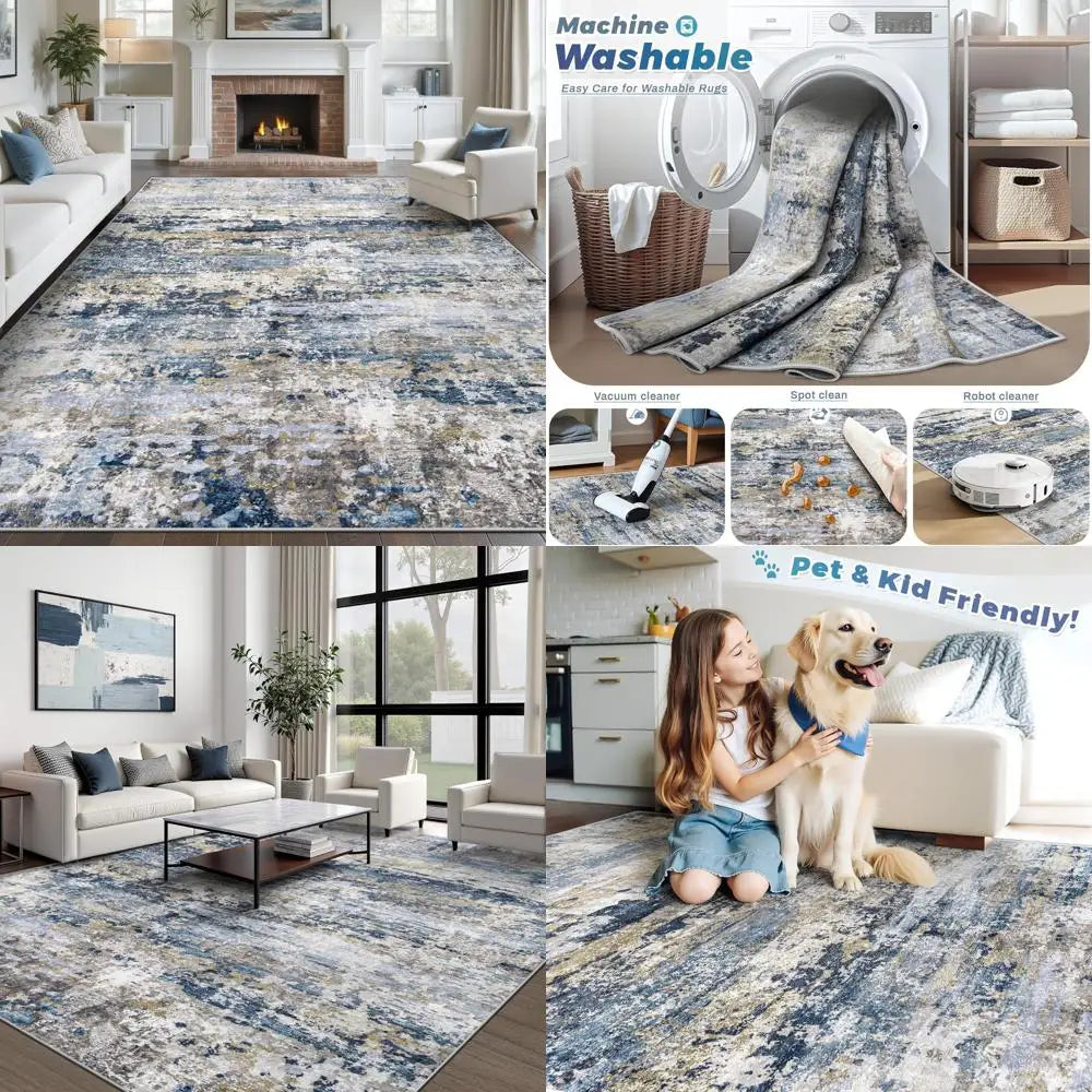 Color Modern Abstract Neutral Area Rug Soft Non-Slip Low-Pile