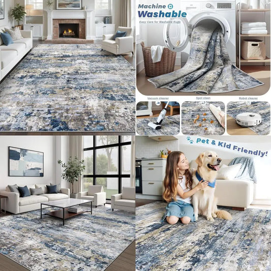Color Modern Abstract Neutral Area Rug Soft Non-Slip Low-Pile