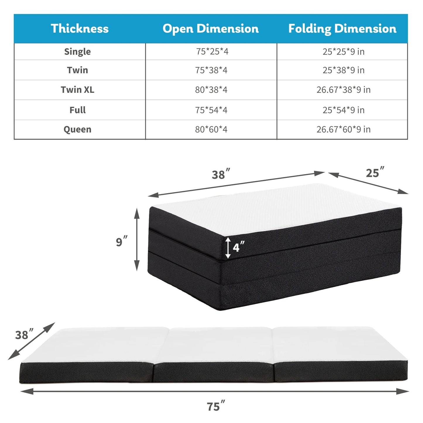 JHK Three Fold Portable Floor Bed For Travel Camping And Yoga