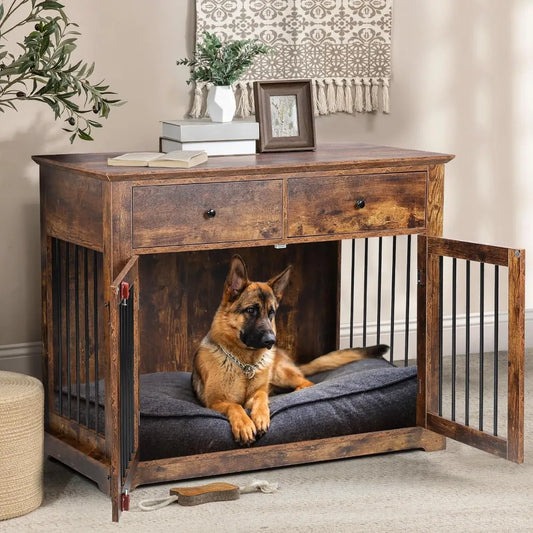 HUANZHUANG Wooden Dog Crate End Table With Storage Drawers