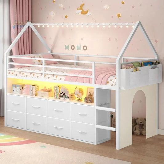 Loft Bed for Kids With Storage Drawers LED Lights and Bookcase