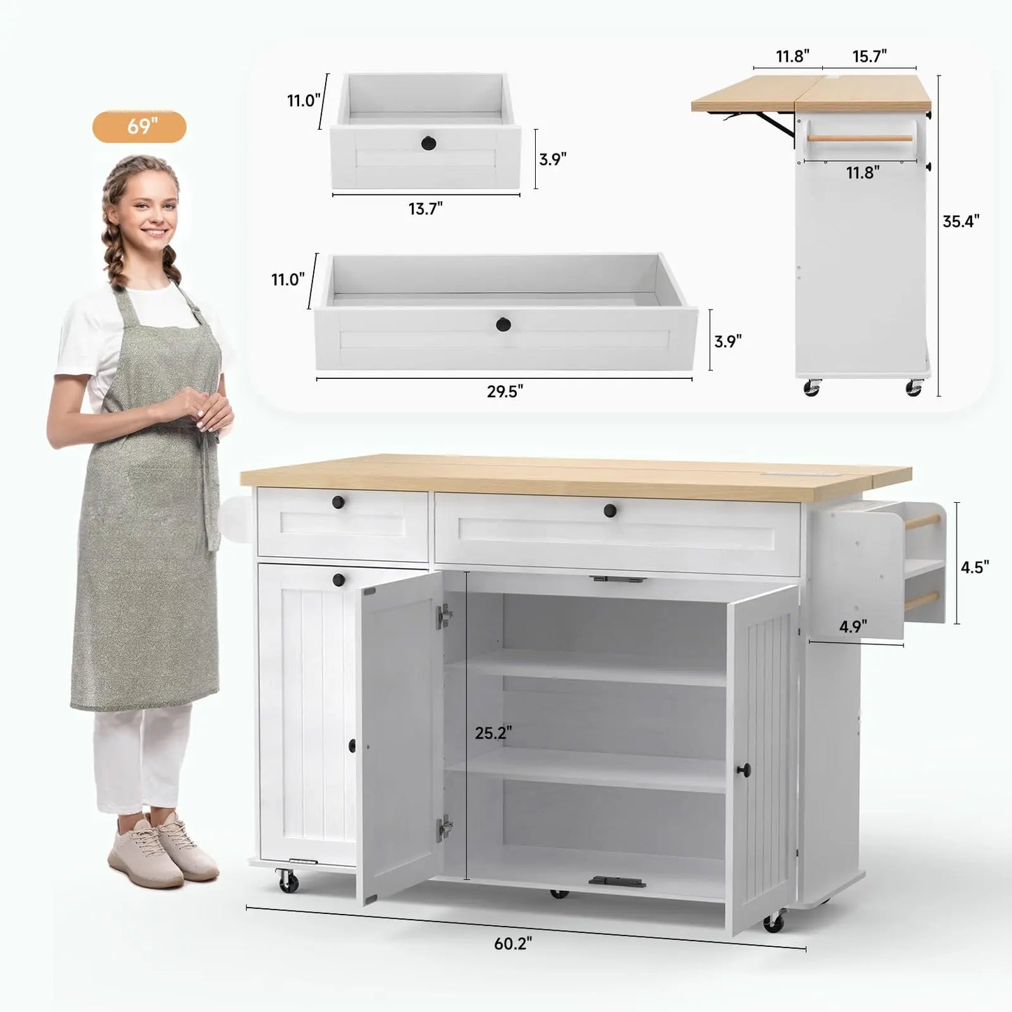 ONBRILL Mobile Kitchen Island With Rolling Trolley PowerOutlet Spice Rack