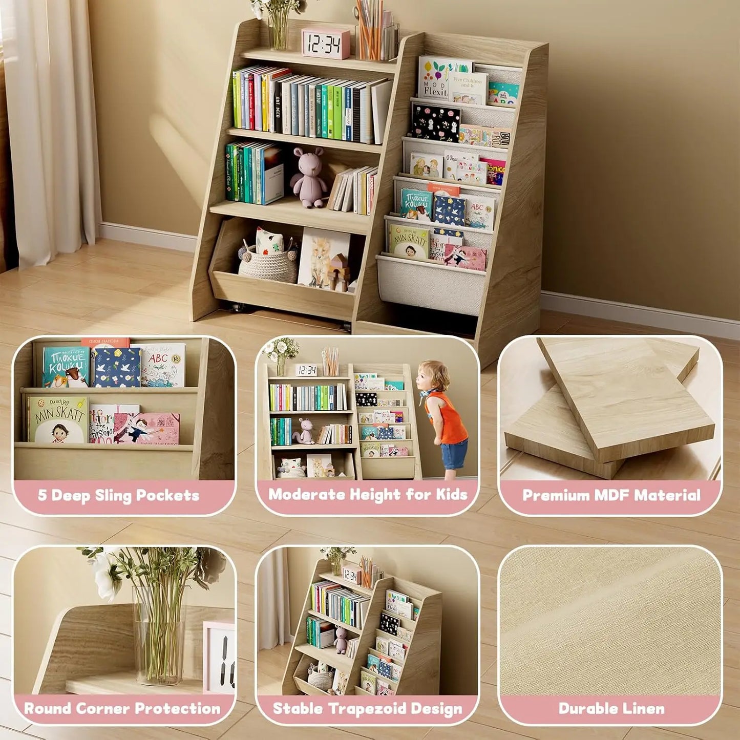 4 Tier Kids Bookshelf With Movable Drawer 5 Pockets Montessori