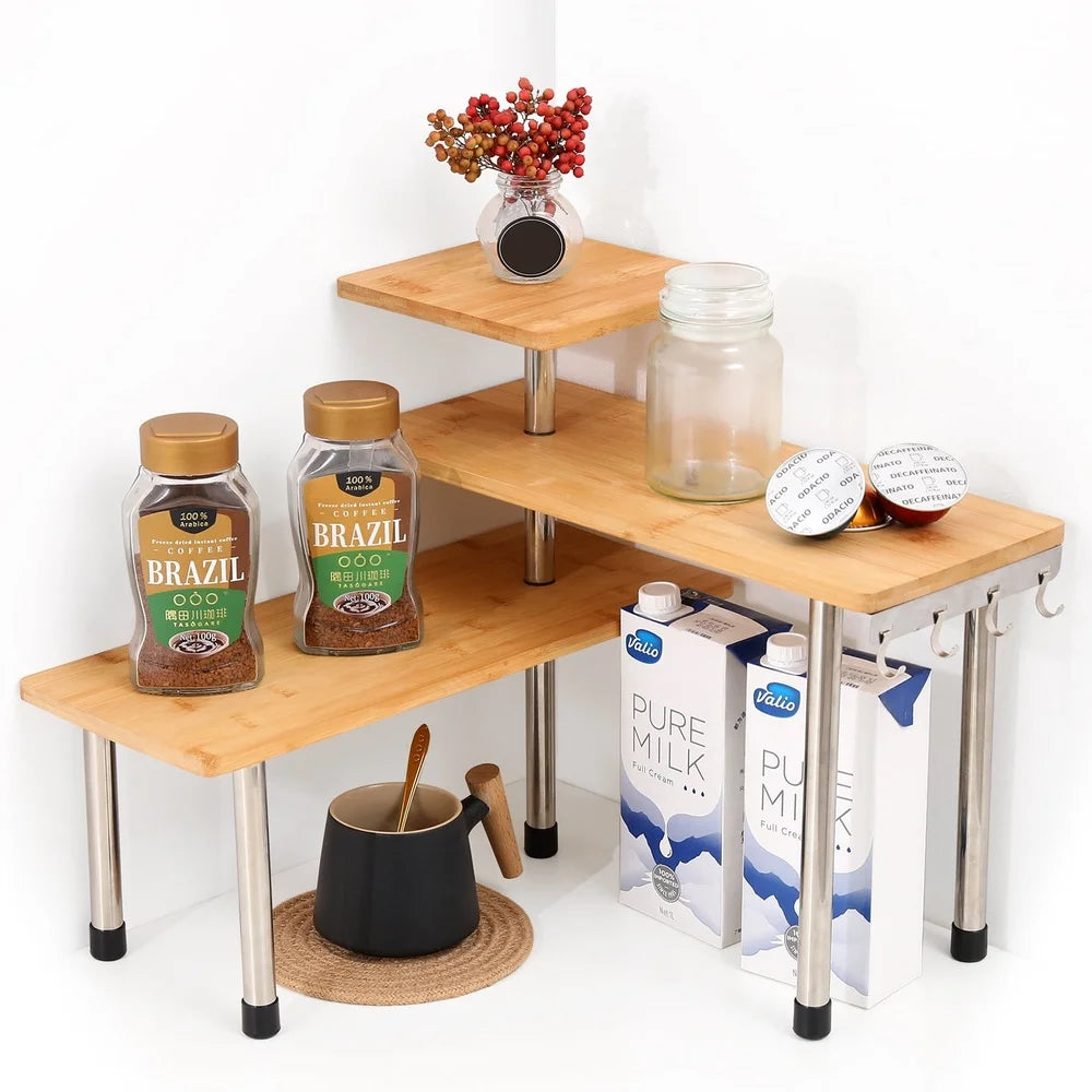 Bamboo Corner Shelf Organizer With Hooks Eco Friendly For Kitchen And Bathroom