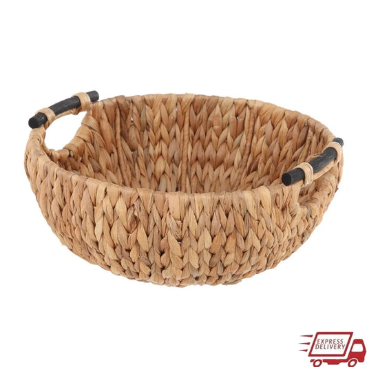Natural Water Hyacinth Woven Decorative Bowl With Wooden Handles Centerpiece