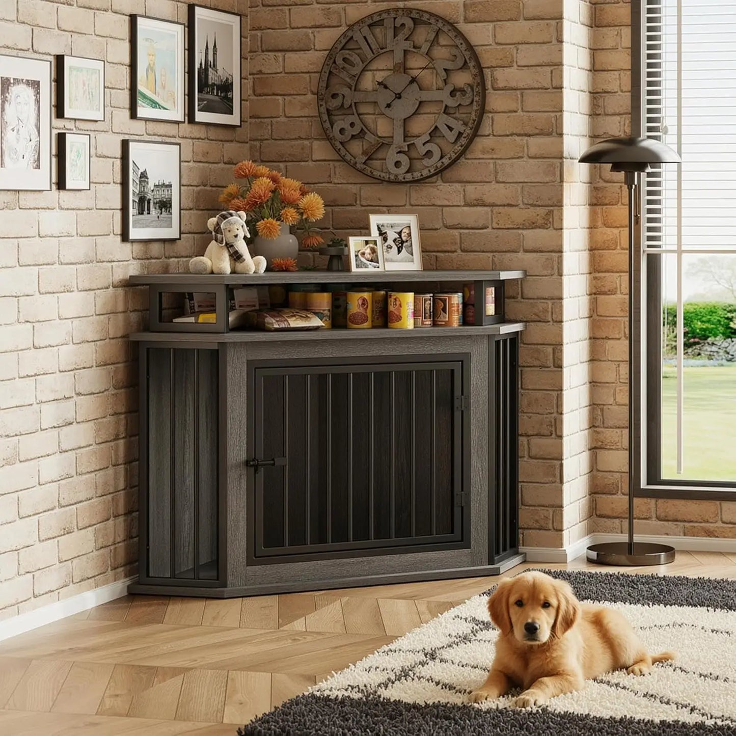 Corner Dog Crate With Two Tier Shelves Wooden Kennel Furniture