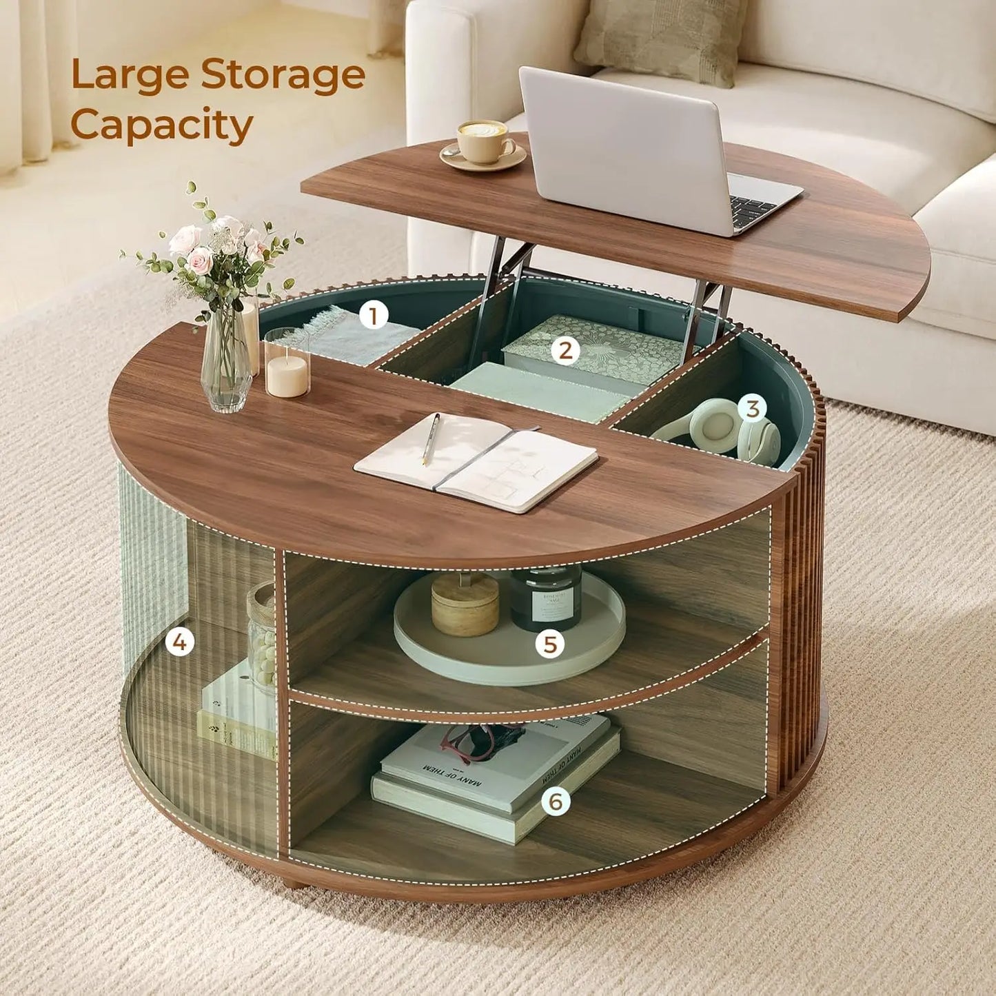 Guangbai Round Lift Top Coffee Table Modern Minimalist Living Room
